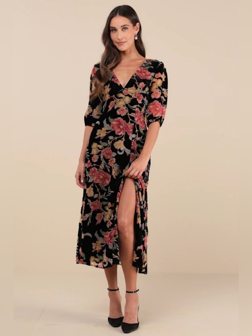 NWT- Lulu's Black Velvet Midi Dress with Pink & Gold Floral Pattern